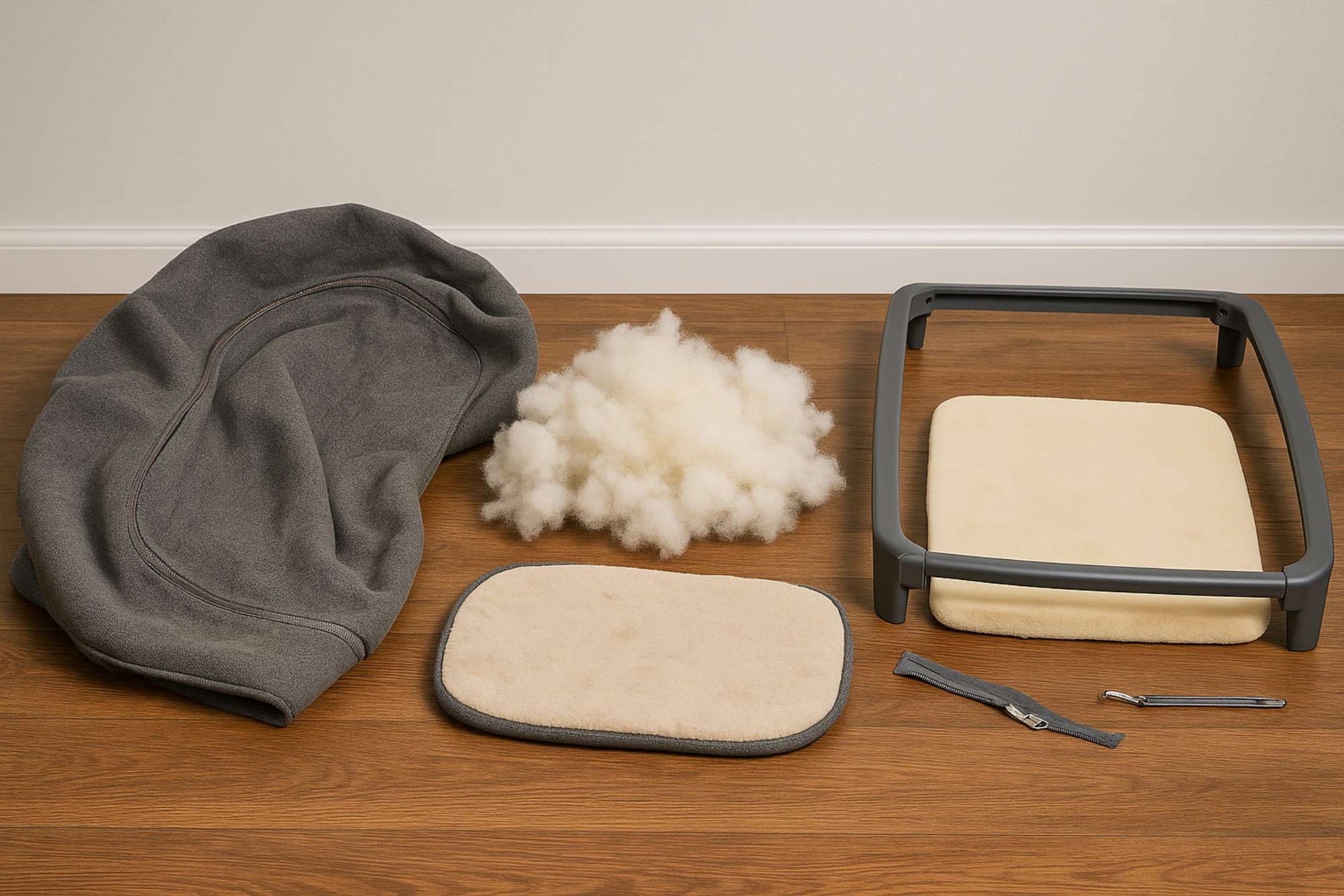 Dog bed taken apart into fabric, stuffing, foam, and a plastic frame to help explain are dog beds recyclable