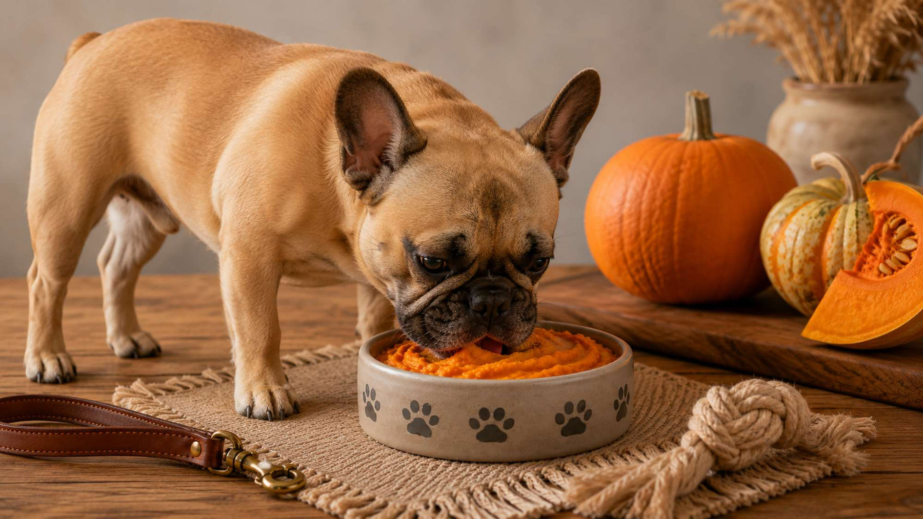 French bulldog eating pumpkin puree from a ceramic pet bowl beside fresh pumpkins, illustrating can dogs eat pumpkin