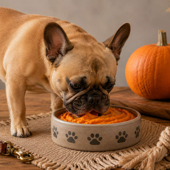 French bulldog eating pumpkin puree from a ceramic pet bowl beside fresh pumpkins, illustrating can dogs eat pumpkin