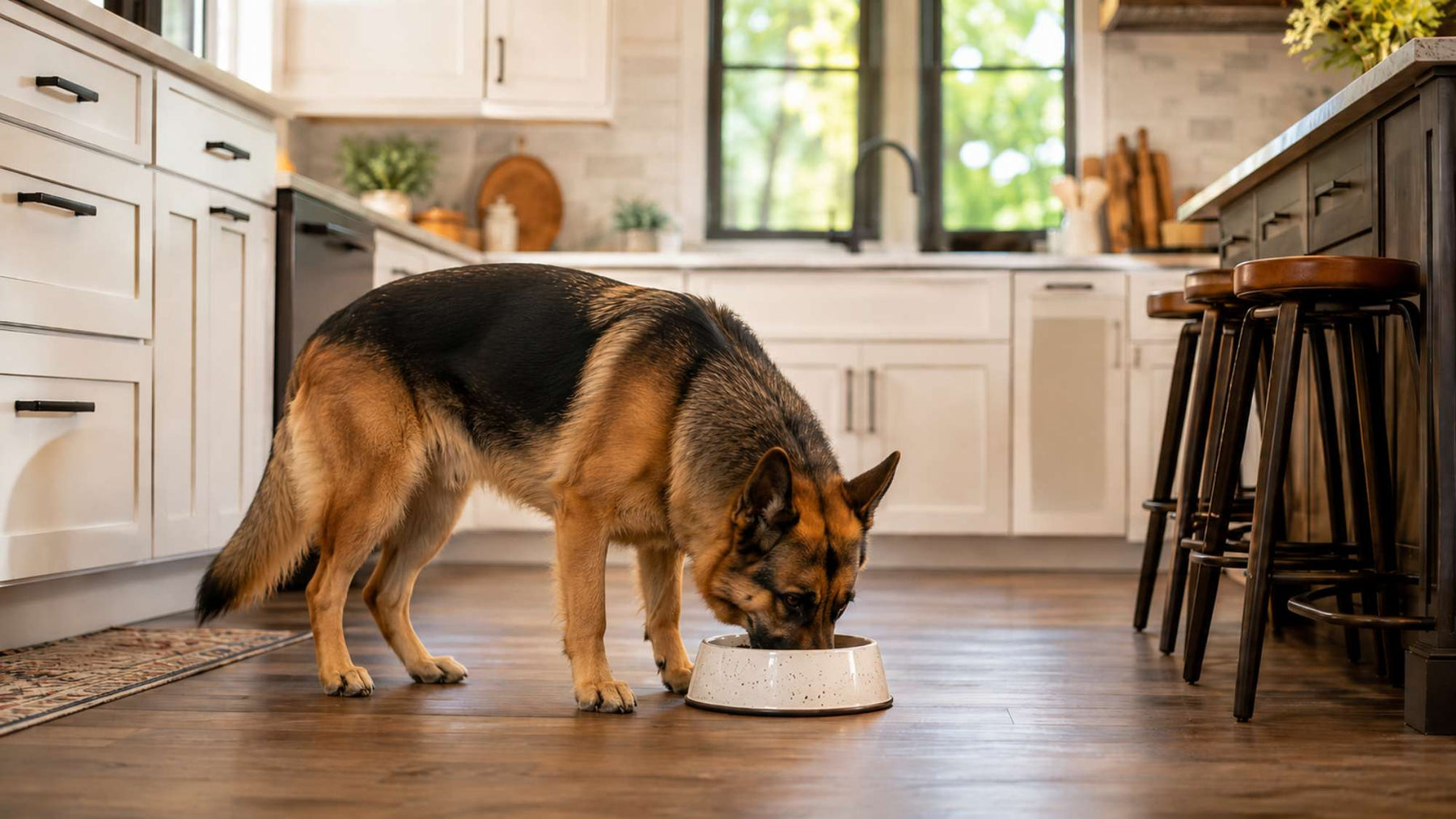 German Shepherd eating from a bowl in a modern kitchen, illustrating how to adjust dog feeding when activity levels change