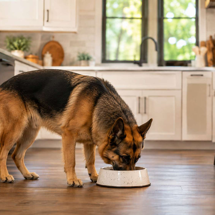 German Shepherd eating from a bowl in a modern kitchen, illustrating how to adjust dog feeding when activity levels change