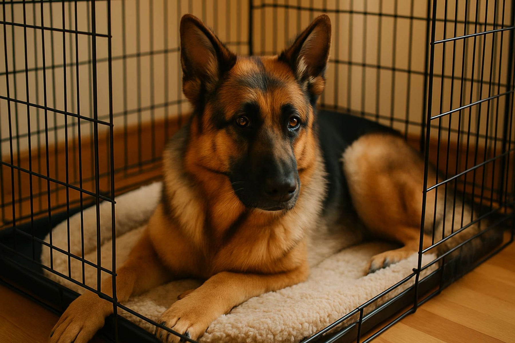 German Shepherd rests quietly in a cozy crate with soft lighting around it, offering a visual example for the topic are dog crates necessary