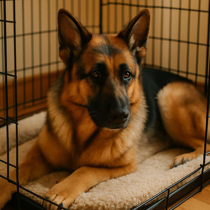 German Shepherd rests quietly in a cozy crate with soft lighting around it, offering a visual example for the topic are dog crates necessary