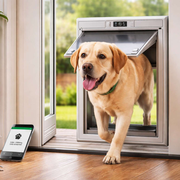 Golden Labrador stepping through a modern electronic dog doors unit in a wall, with a smartphone and security camera on the floor nearby