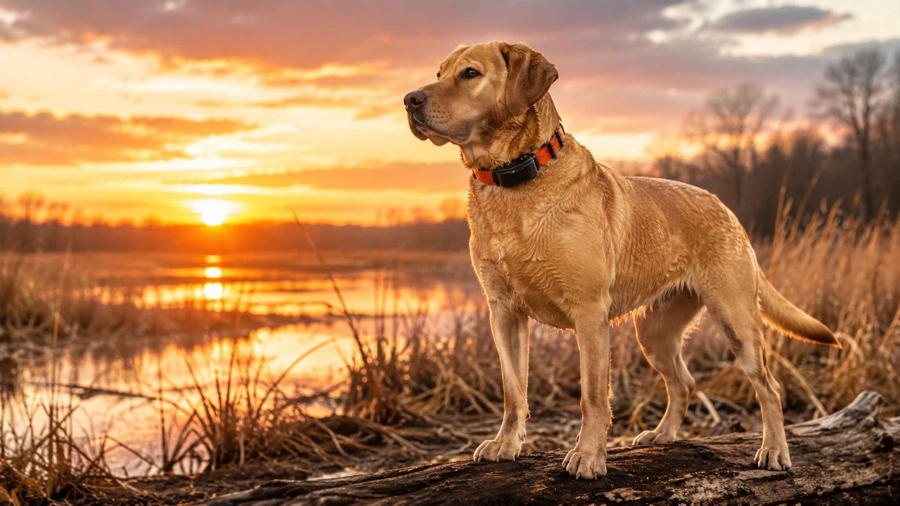 Golden Labrador wearing a hunting dog training collar stands beside a marsh at sunset with tall grass and water in the background
