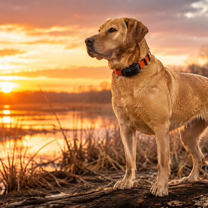 Golden Labrador wearing a hunting dog training collar stands beside a marsh at sunset with tall grass and water in the background