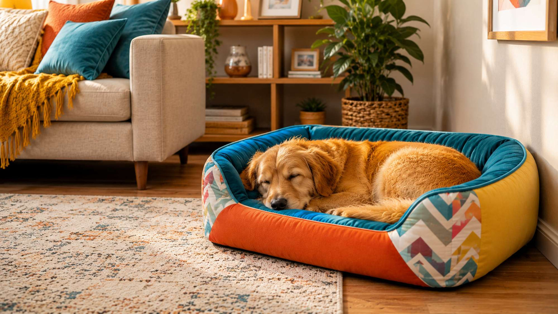 Golden dog sleeps in a colorful cushioned bed beside a sofa showing a comfortable solution to common dog bed problems