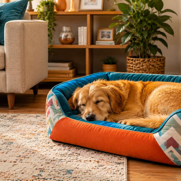 Golden dog sleeps in a colorful cushioned bed beside a sofa showing a comfortable solution to common dog bed problems