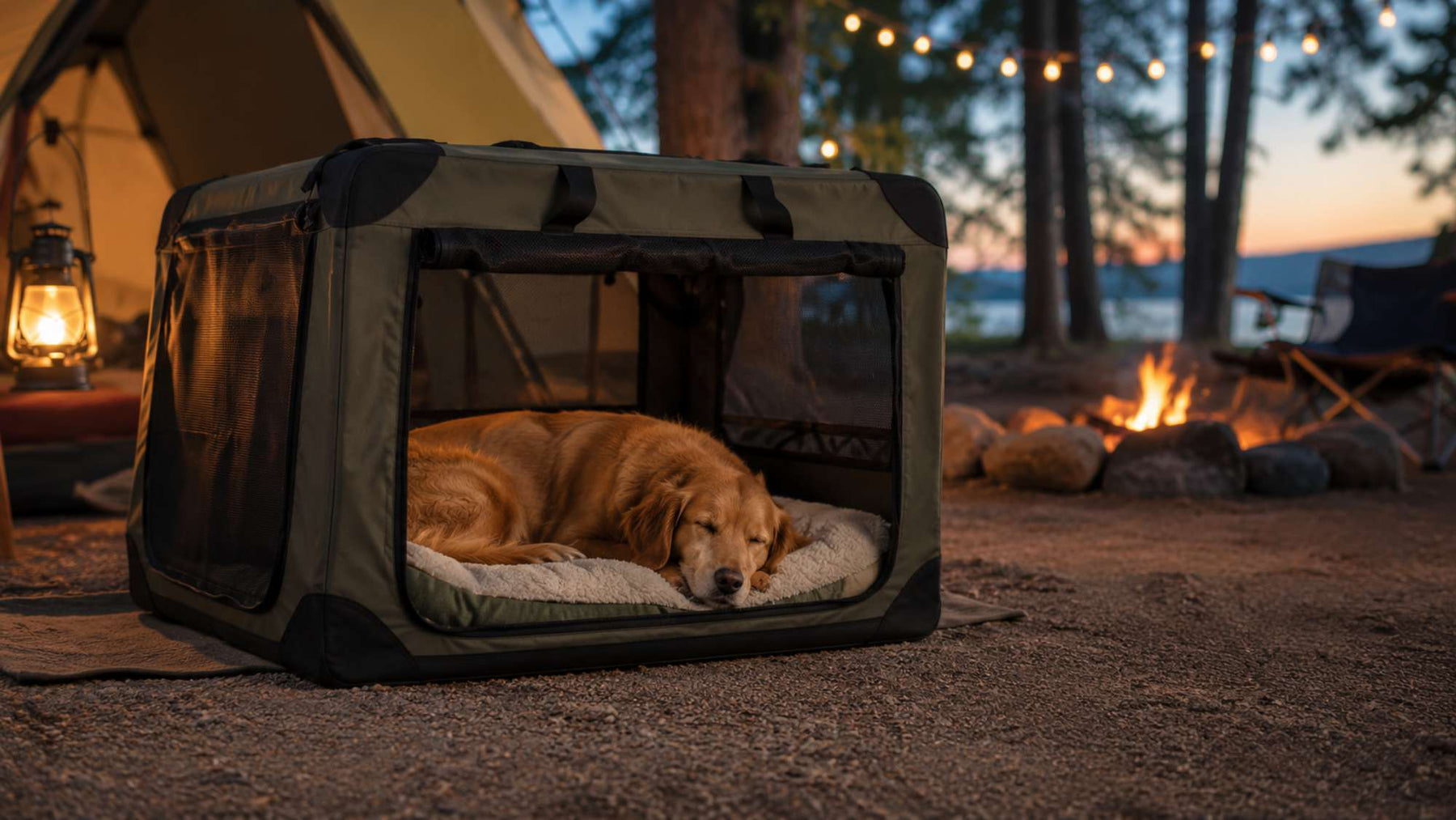 Golden retriever sleeps inside a soft portable dog crate at a peaceful campsite beside a tent and campfire at dusk
