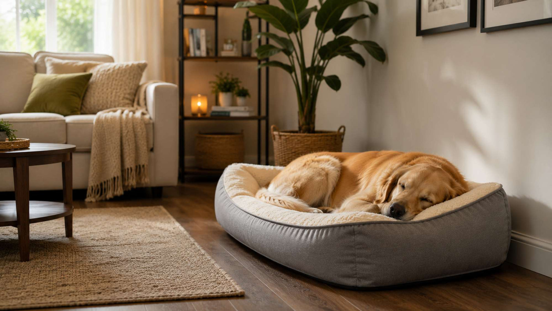 Golden retriever sleeps peacefully on a plush removable cover dog bed placed beside the wall on a hardwood living room floor