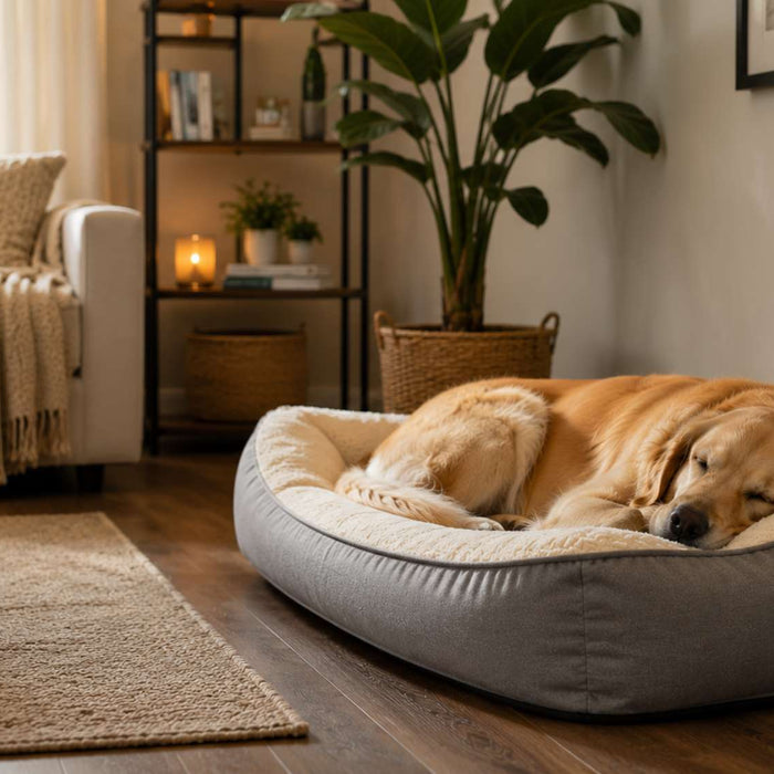 Golden retriever sleeps peacefully on a plush removable cover dog bed placed beside the wall on a hardwood living room floor