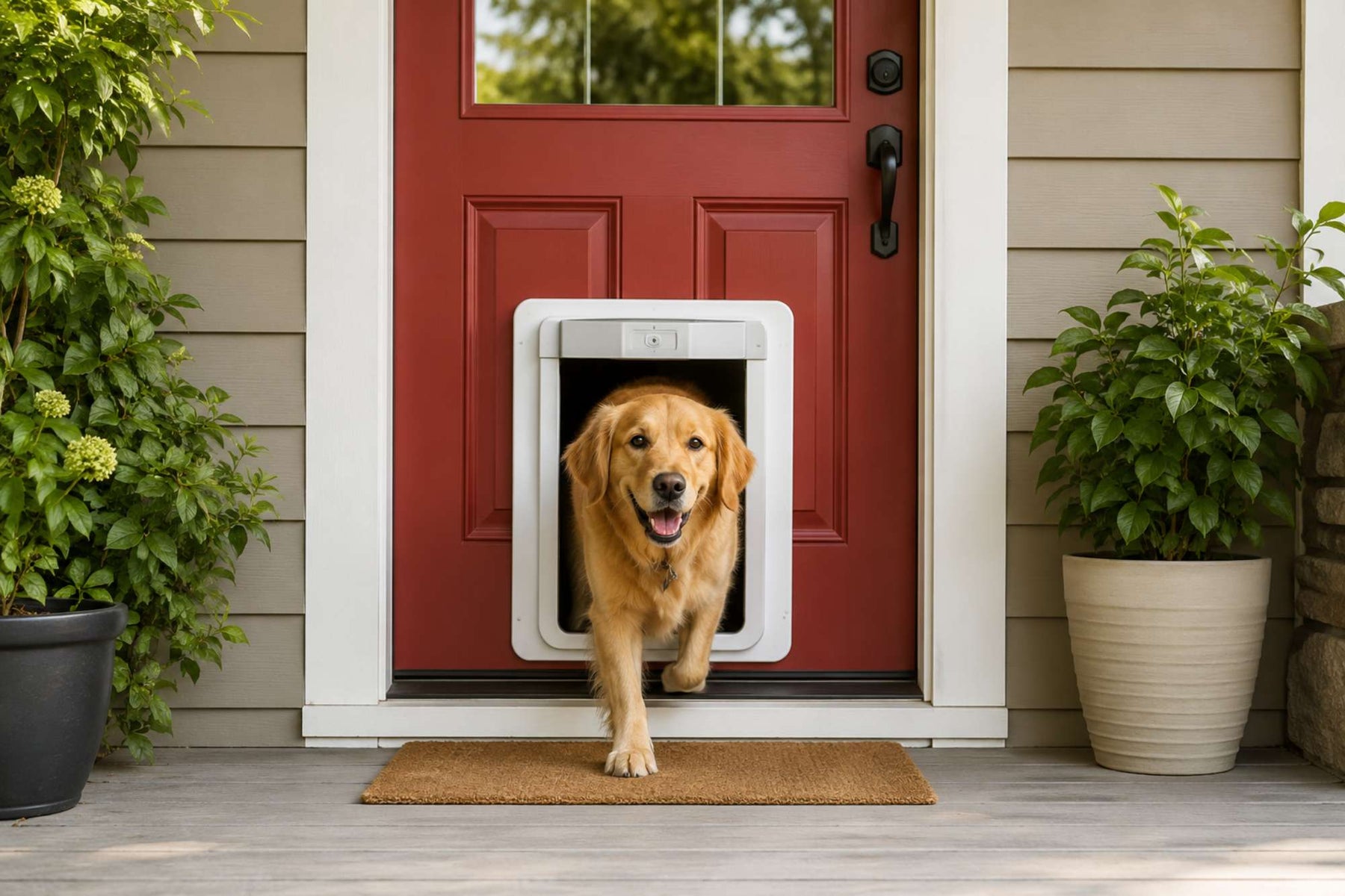Golden retriever walks through an automatic dog door built into a red front door, with potted plants on both sides