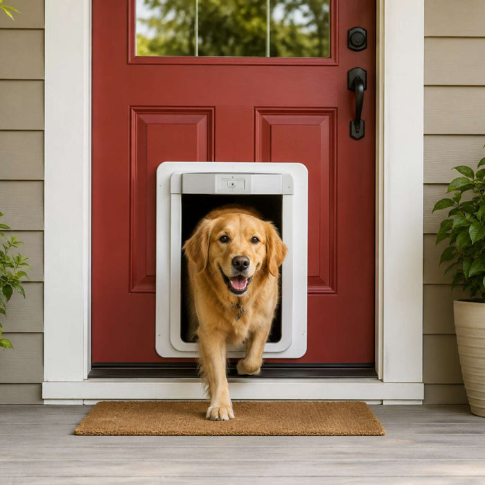 Golden retriever walks through an automatic dog door built into a red front door, with potted plants on both sides