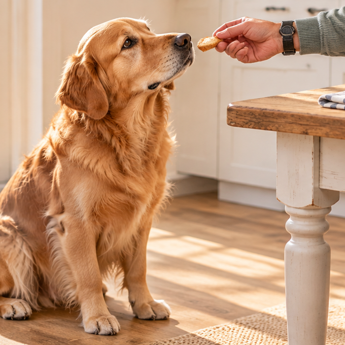 Dog sitting given a dog treat