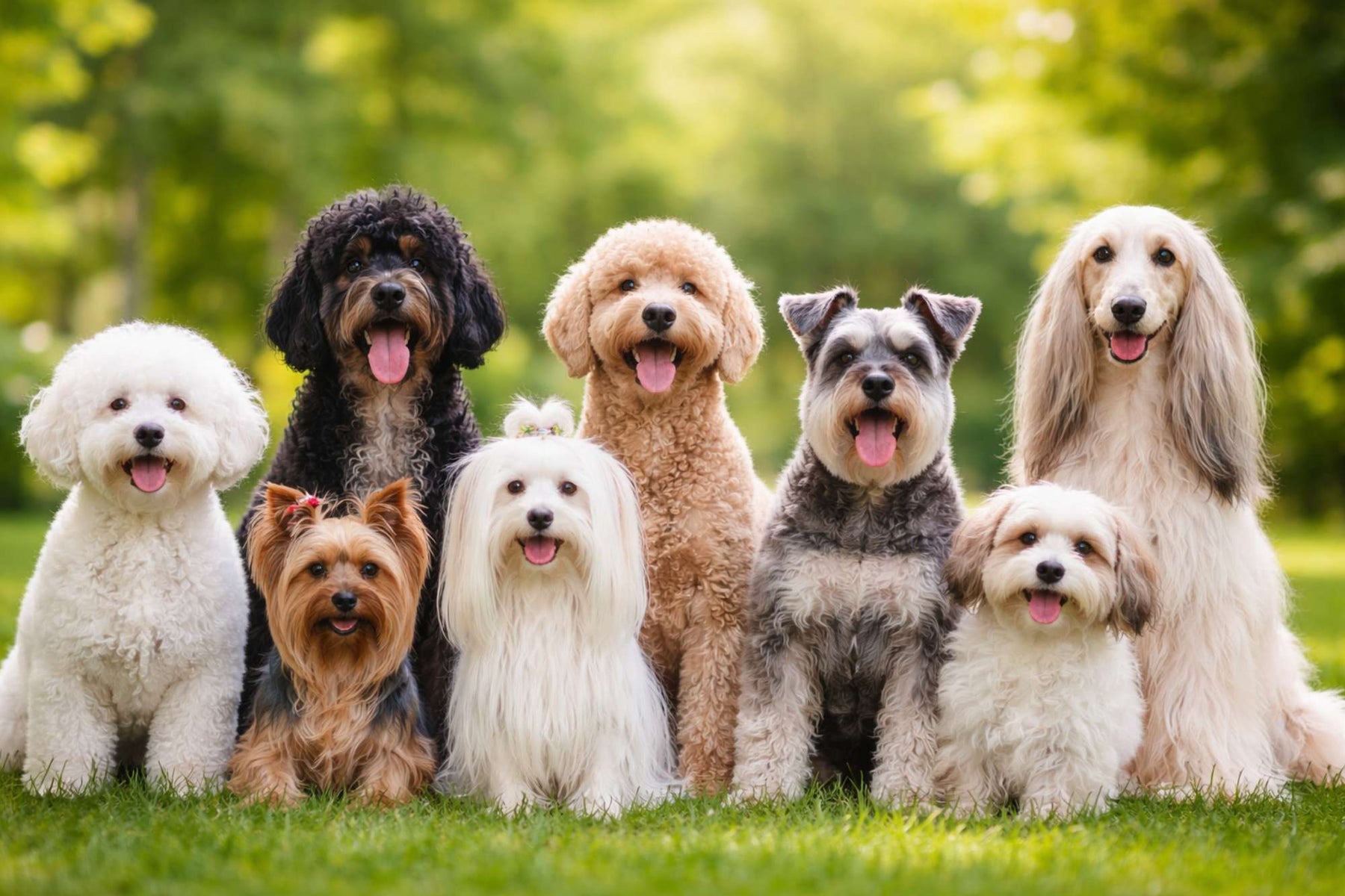 Group of hypoallergenic dog breeds sitting on grass outdoors, showing what dogs are hypoallergenic