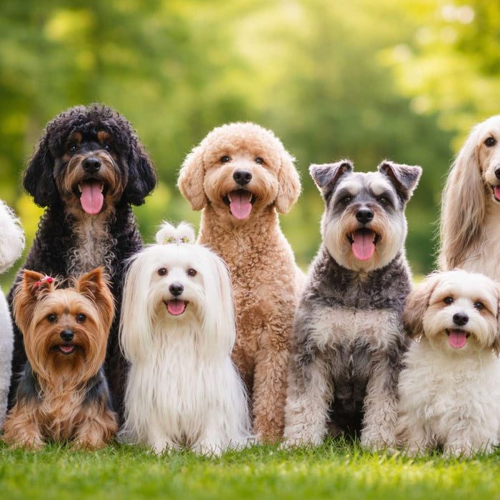 Group of hypoallergenic dog breeds sitting on grass outdoors, showing what dogs are hypoallergenic