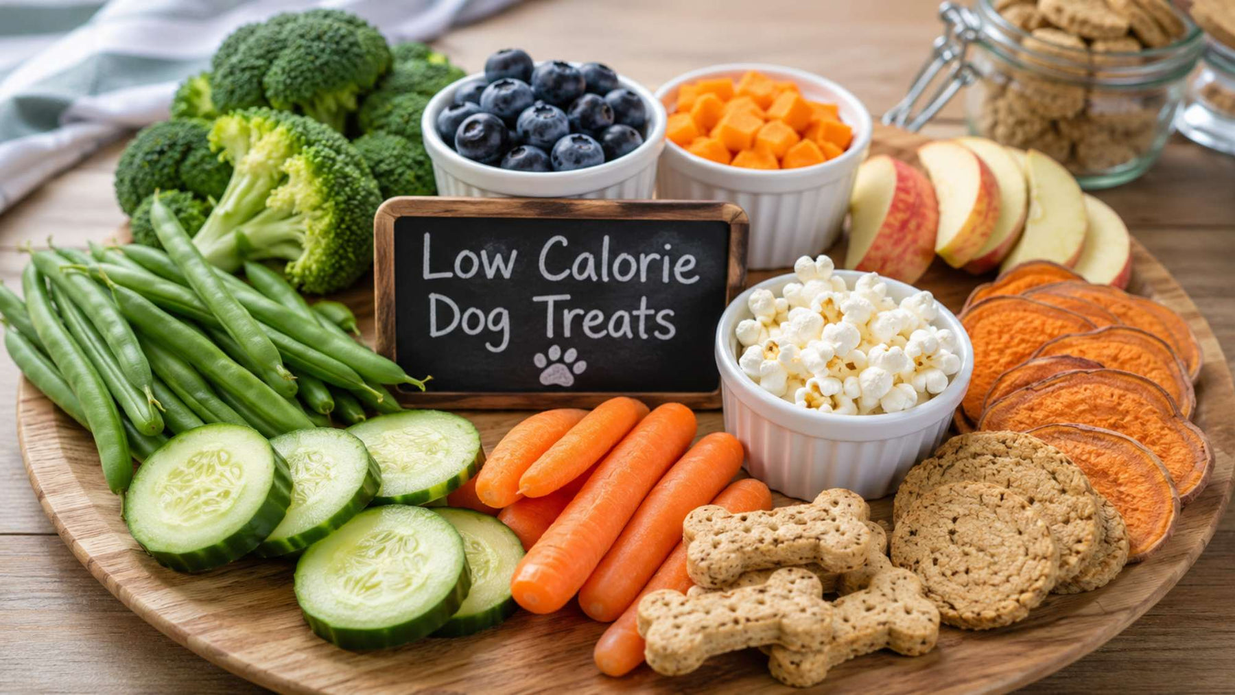Healthy dog treats including vegetables, fruit, popcorn, and biscuits on a wooden tray with a "Low Calorie Dog Treats" sign, illustrating how much does she shed cost
