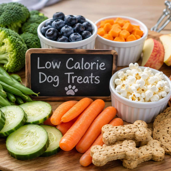 Healthy dog treats including vegetables, fruit, popcorn, and biscuits on a wooden tray with a "Low Calorie Dog Treats" sign, illustrating how much does she shed cost