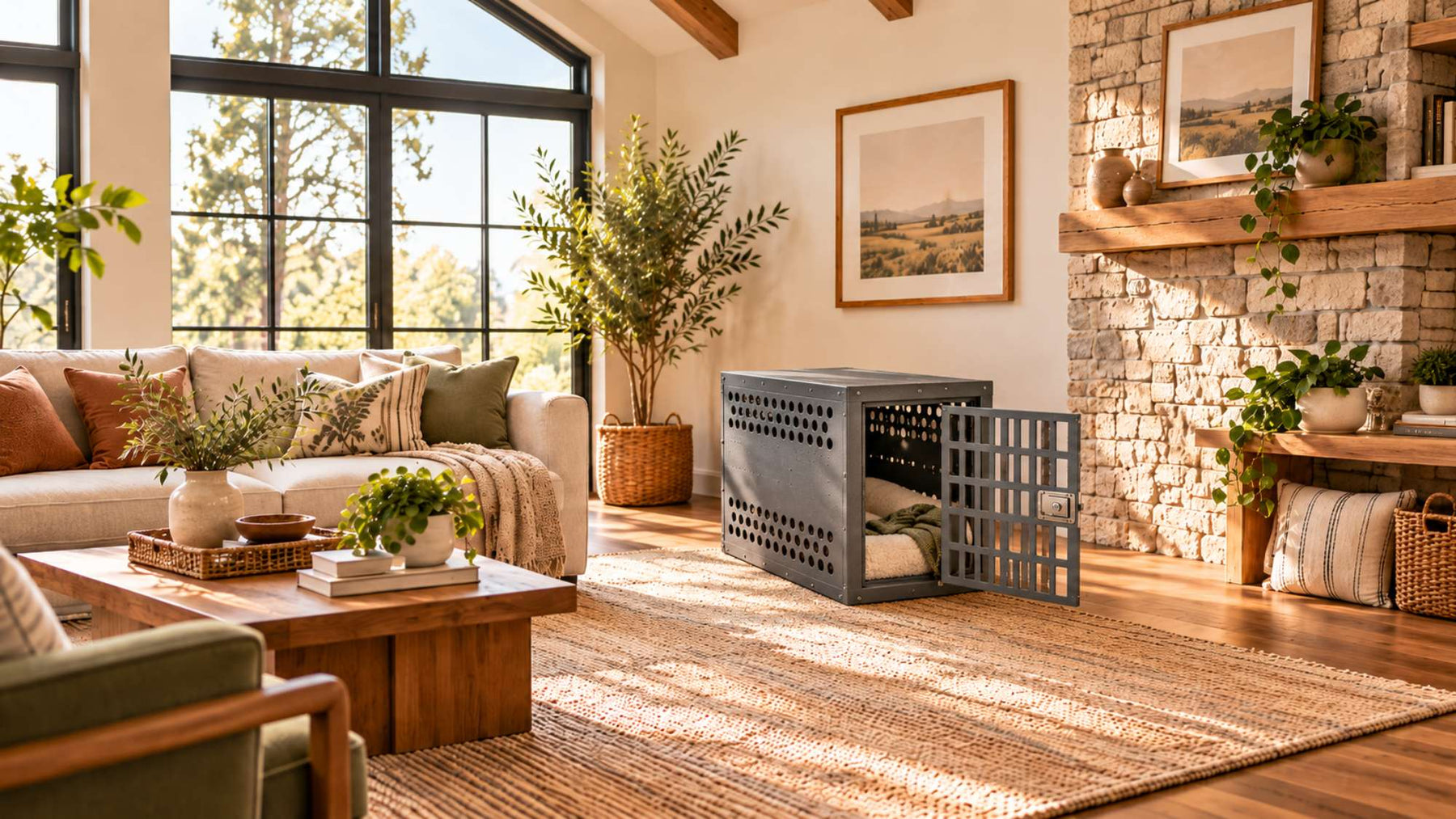 Heavy duty dog crate sits open on a woven rug in a bright, modern living room with warm wood, stone walls, and large windows