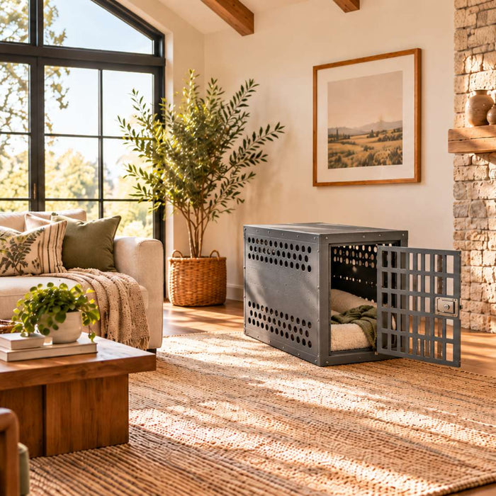 Heavy duty dog crate sits open on a woven rug in a bright, modern living room with warm wood, stone walls, and large windows