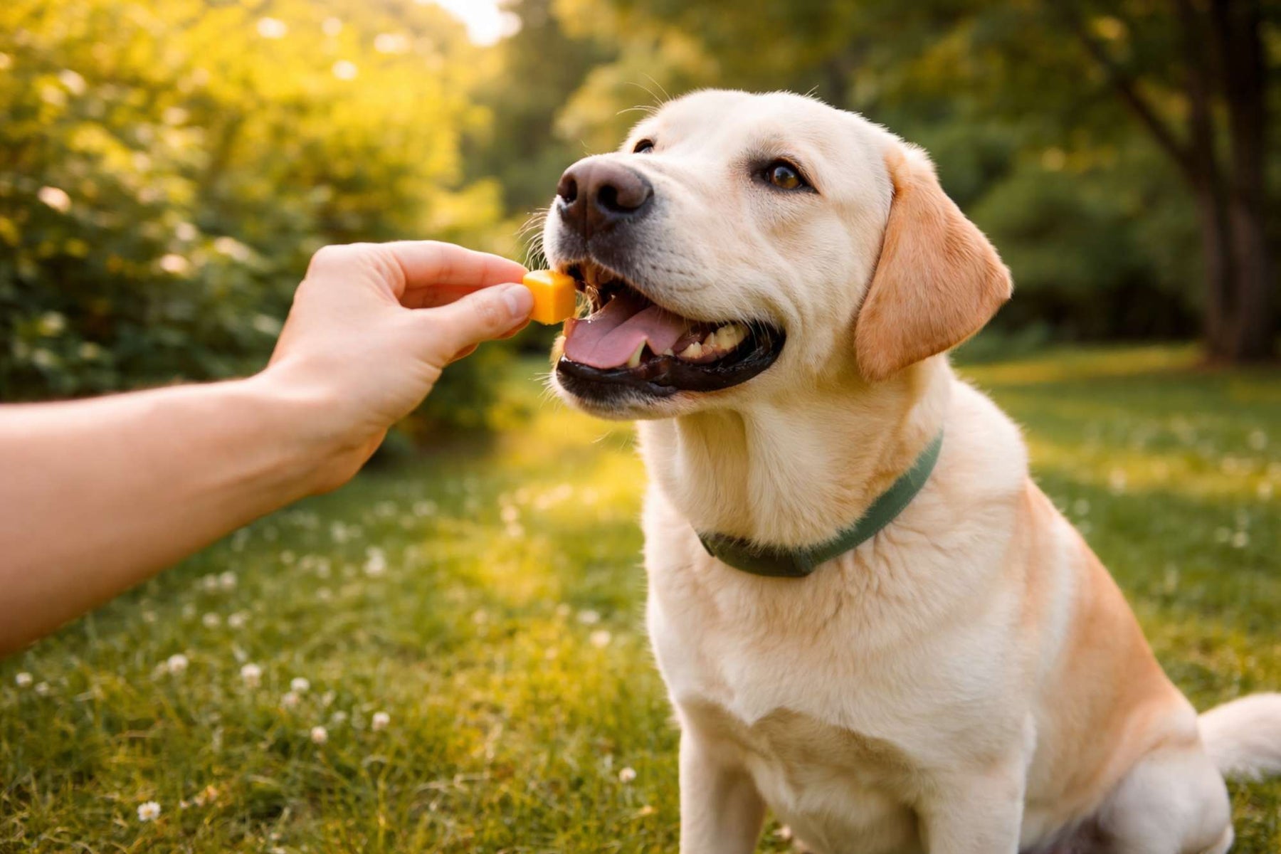 Labrador in a sunny park gently takes a small cube of cheese from a person’s hand, showing why many ask, are dogs allowed to eat cheese