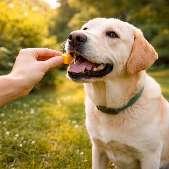Labrador in a sunny park gently takes a small cube of cheese from a person’s hand, showing why many ask, are dogs allowed to eat cheese