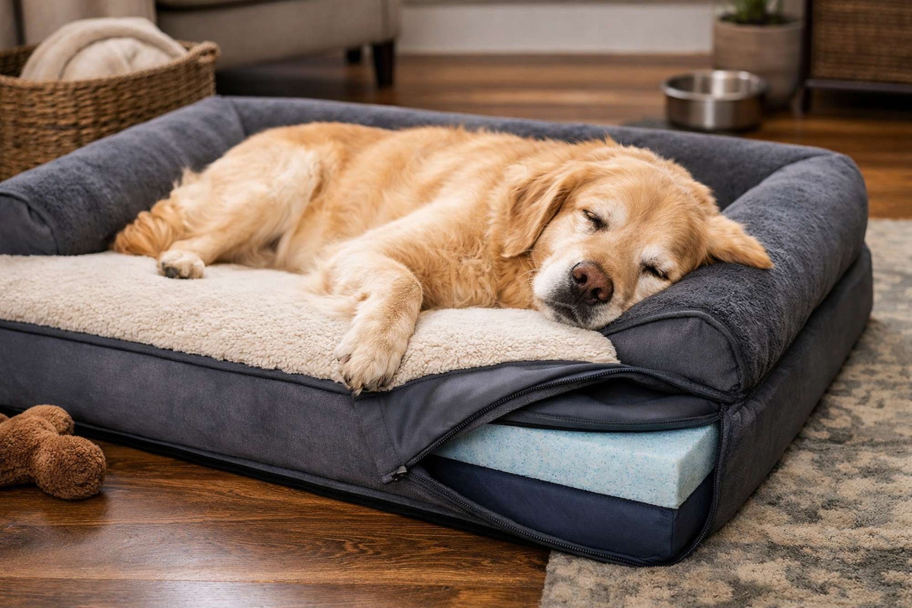 Large golden retriever resting on orthopedic dog beds with layered foam support and raised sides