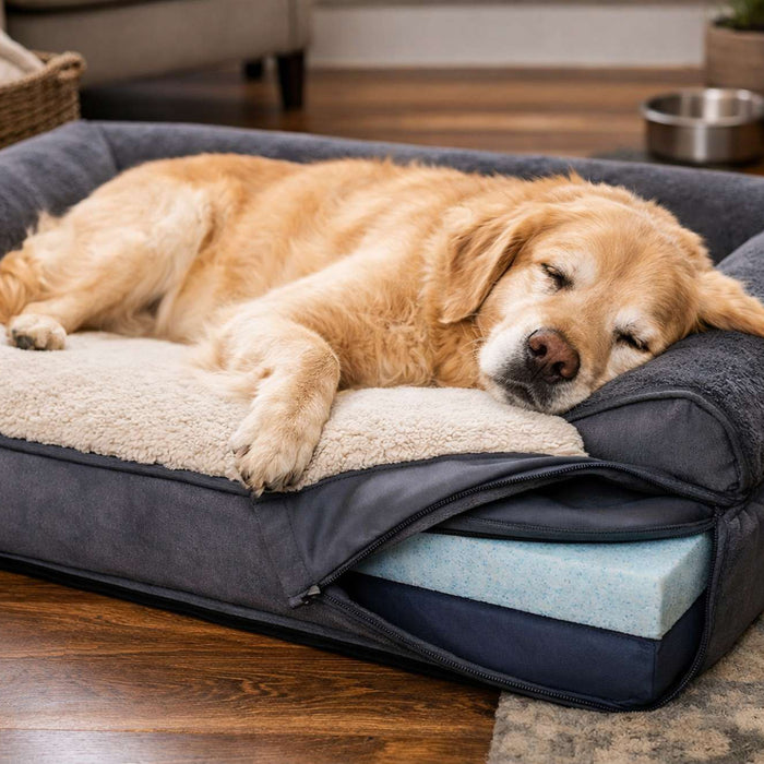 Large golden retriever resting on orthopedic dog beds with layered foam support and raised sides
