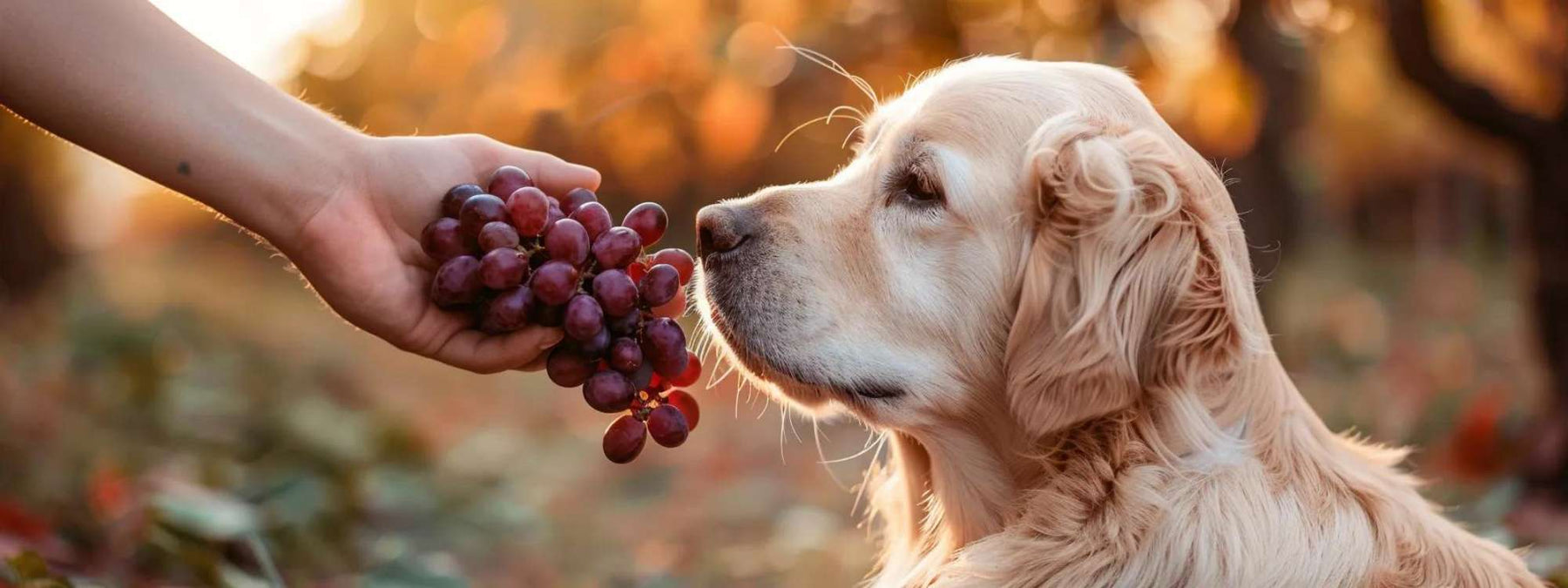 Light-colored dog sniffs a bunch of red grapes held by a human hand outdoors, showing a risky moment that raises the question are dogs allowed to eat grapes