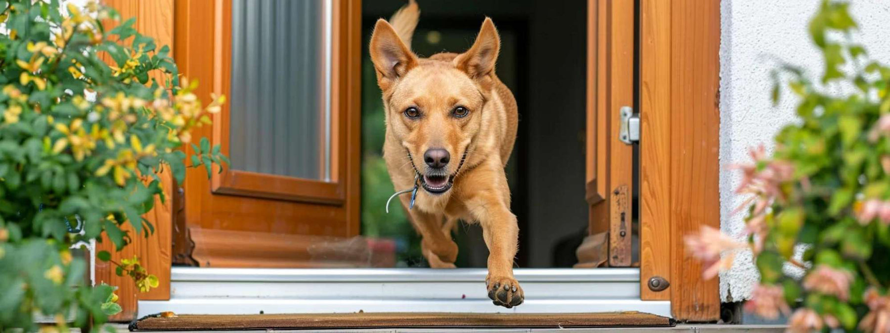 Medium-sized dog steps through a wooden dog door into a home, showing what is the best dog door for cold weather by preventing drafts while allowing easy access