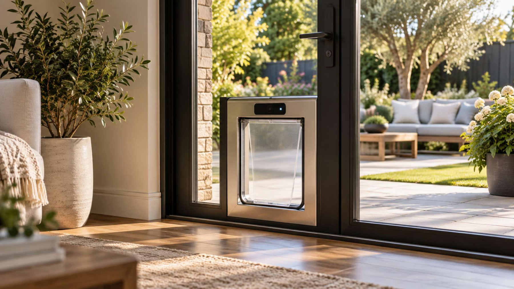Modern automatic dog door with a sensor panel built into a black-framed glass patio door facing a sunny landscaped backyard