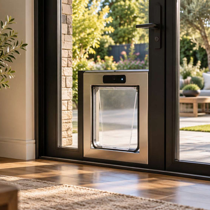 Modern automatic dog door with a sensor panel built into a black-framed glass patio door facing a sunny landscaped backyard
