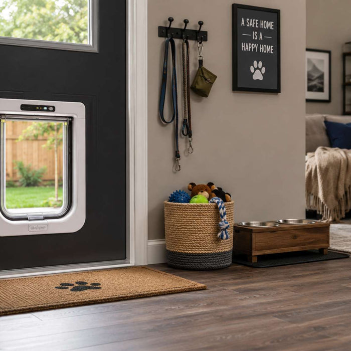 Modern entryway with a secure electronic pet door, organized pet supplies, and stylish décor designed for a dog-proof home