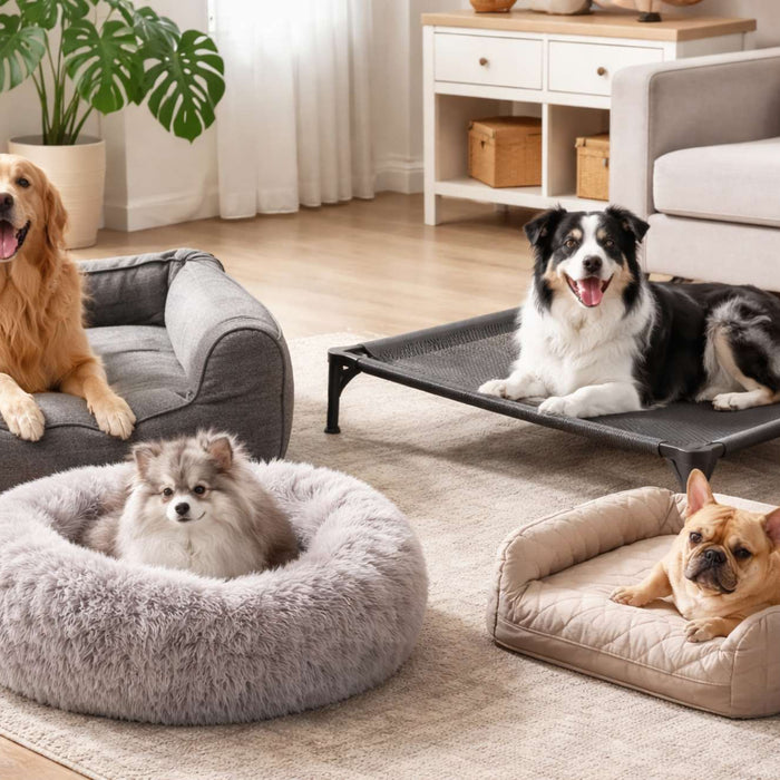 Several dogs lie comfortably on different types of dog beds indoors, demonstrating support, softness, and variety while highlighting are dog beds comfortable