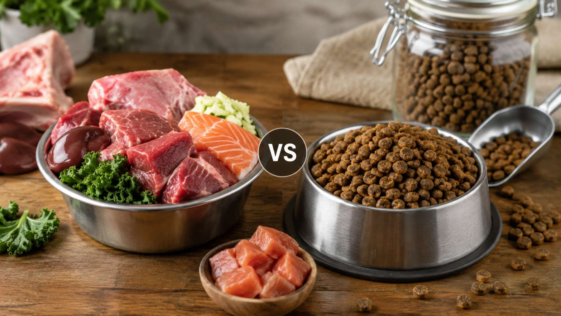 Side-by-side comparison of fresh raw meat ingredients and dry dog kibble in metal bowls highlights the raw vs kibble diet for dog nutrition
