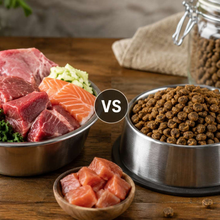 Side-by-side comparison of fresh raw meat ingredients and dry dog kibble in metal bowls highlights the raw vs kibble diet for dog nutrition