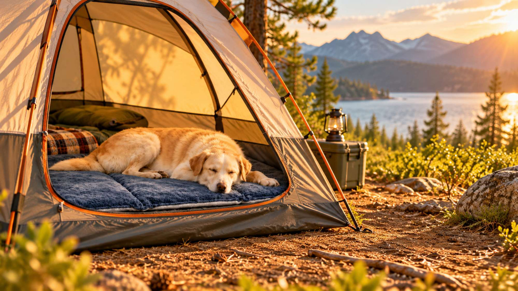 Sleeping dog rests on a blue portable dog bed inside an open tent at a sunny lakeside campsite