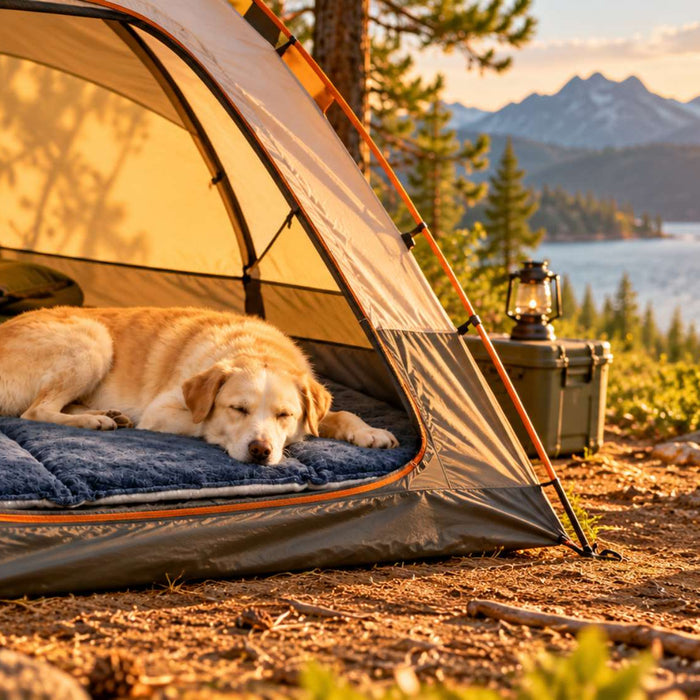 Sleeping dog rests on a blue portable dog bed inside an open tent at a sunny lakeside campsite