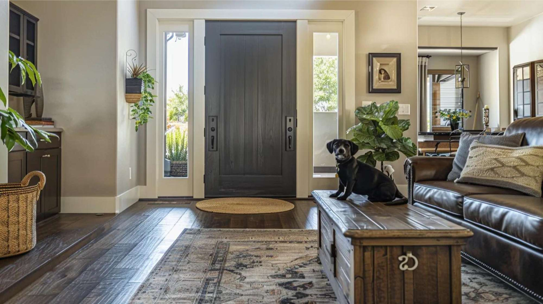 Small black dog in a bright living room by the front door, showing dog door benefits for easy pet access
