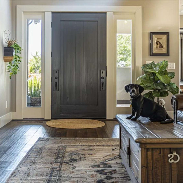 Small black dog in a bright living room by the front door, showing dog door benefits for easy pet access