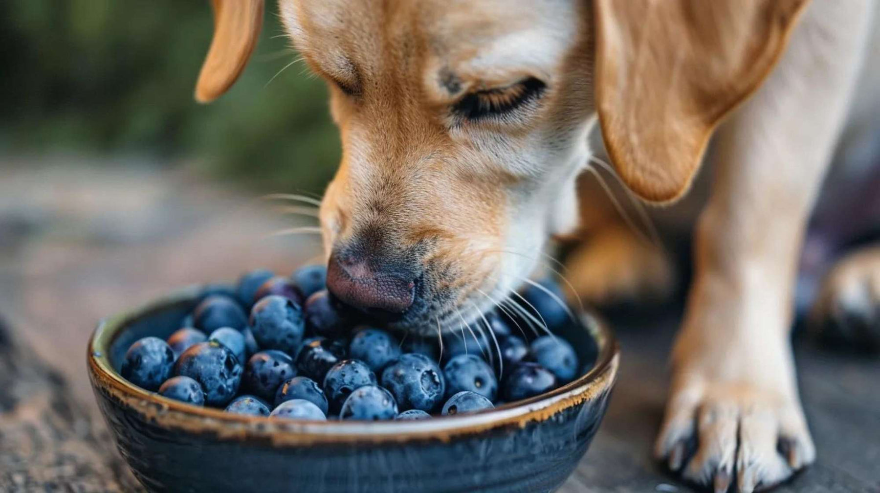 Small dog leans over a bowl full of fresh blueberries, gently sniffing them, illustrating the question can dogs eat blueberries