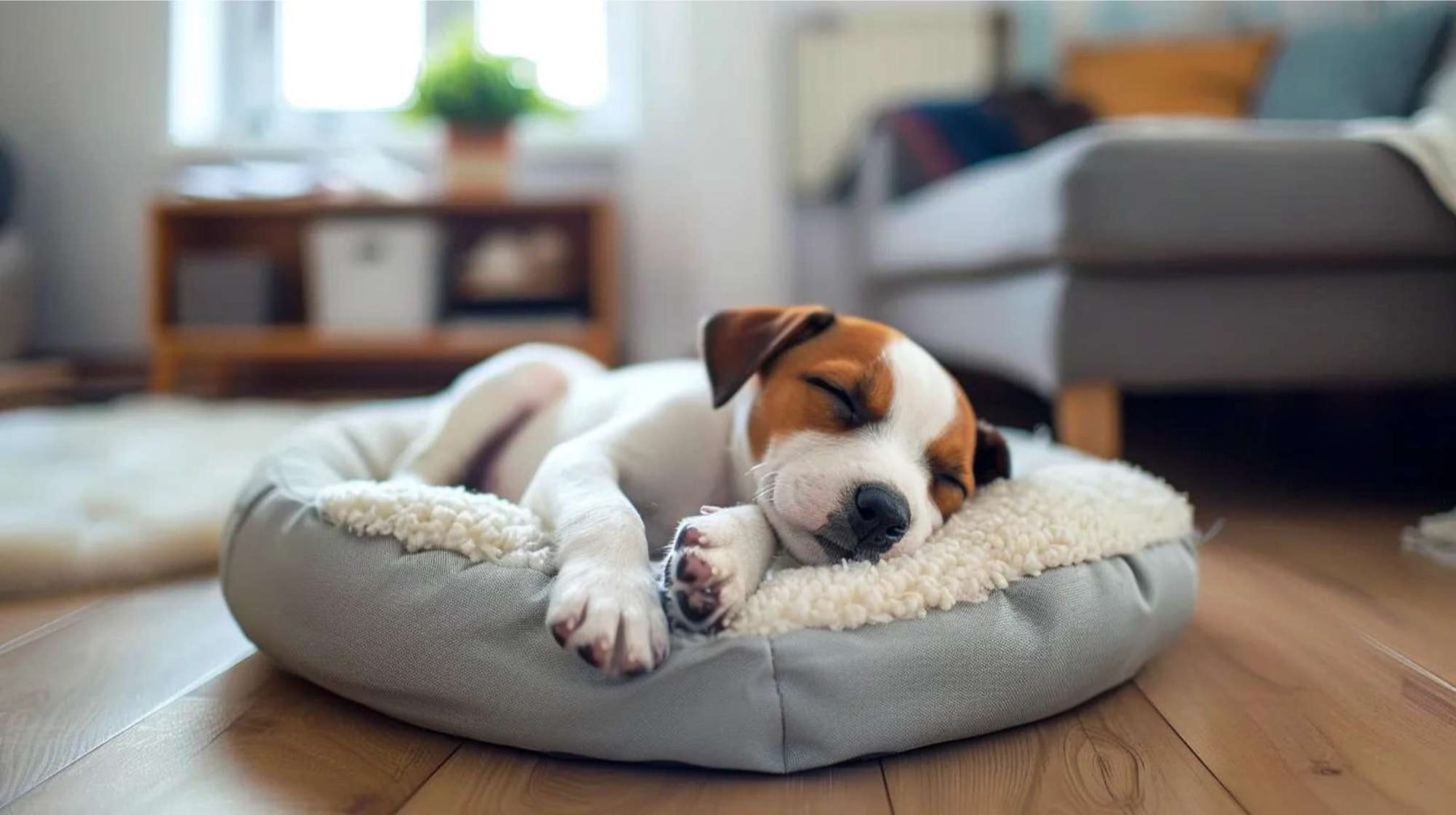 Small dog sleeps peacefully on a soft, cushioned bed in a cozy living room, highlighting the importance of dog bed maintenance for comfort and cleanliness