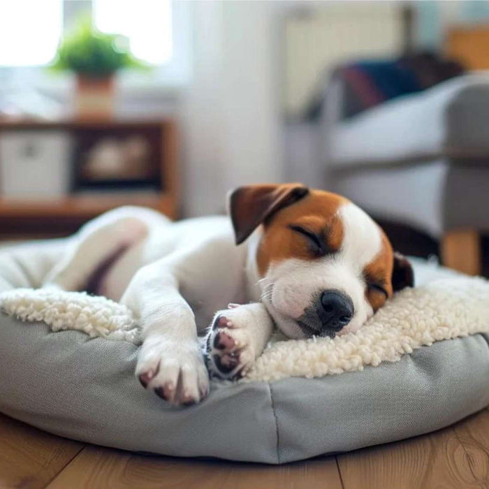 Small dog sleeps peacefully on a soft, cushioned bed in a cozy living room, highlighting the importance of dog bed maintenance for comfort and cleanliness