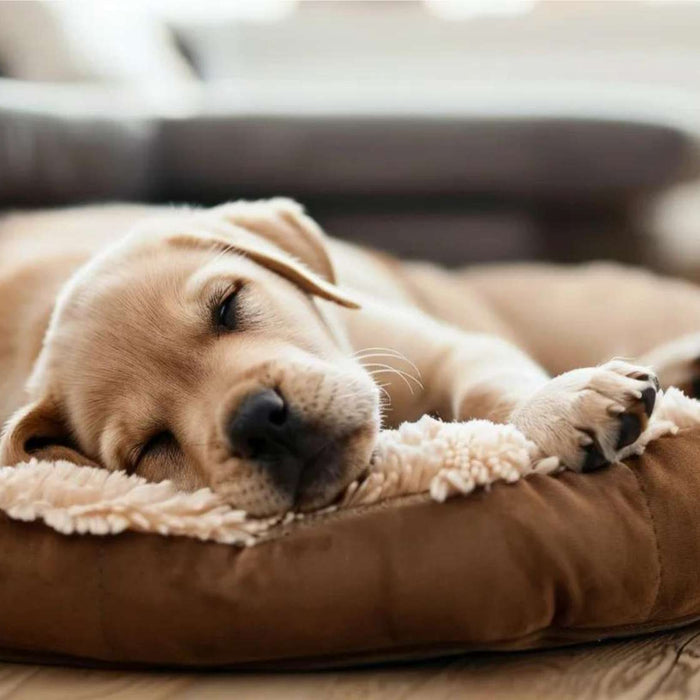 Small puppy sleeps curled up on a soft cushioned bed on a wooden floor, highlighting comfort and dog bed safety