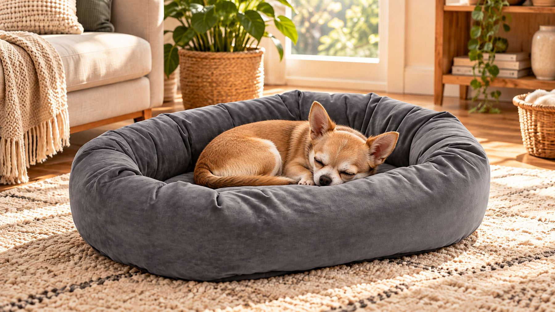 Small tan Chihuahua sleeps curled up in a plush gray donut dog bed on a cream rug in a sunlit living room
