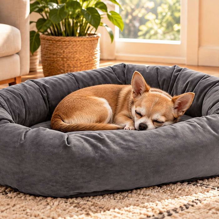 Small tan Chihuahua sleeps curled up in a plush gray donut dog bed on a cream rug in a sunlit living room