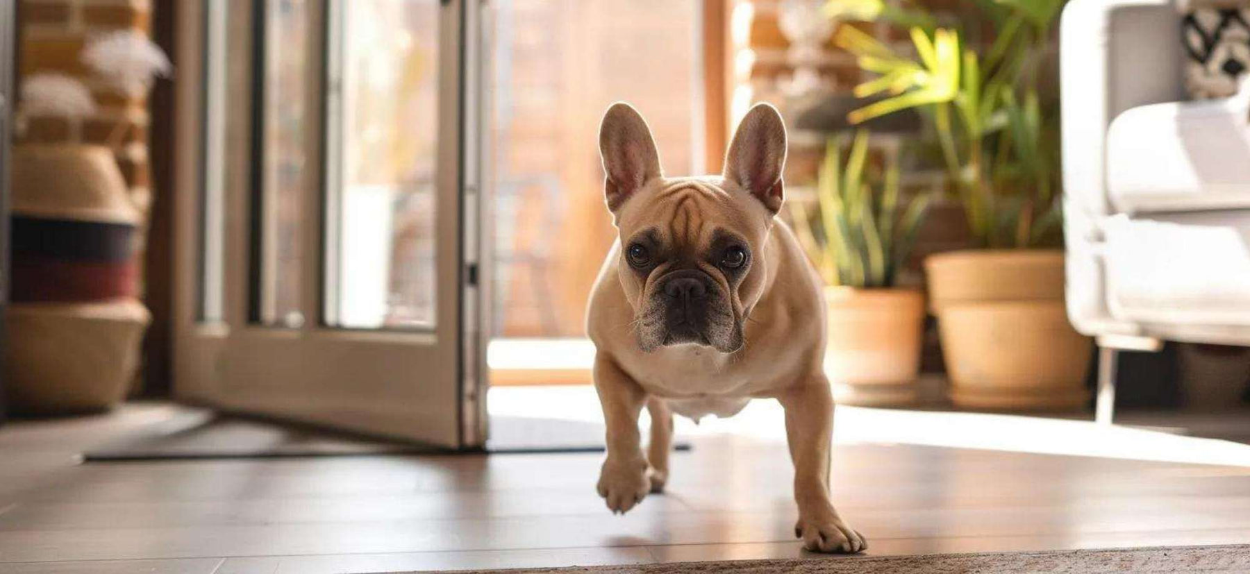 Small tan French Bulldog walks indoors from an open patio door into a bright room, illustrating dog door training and independent pet access