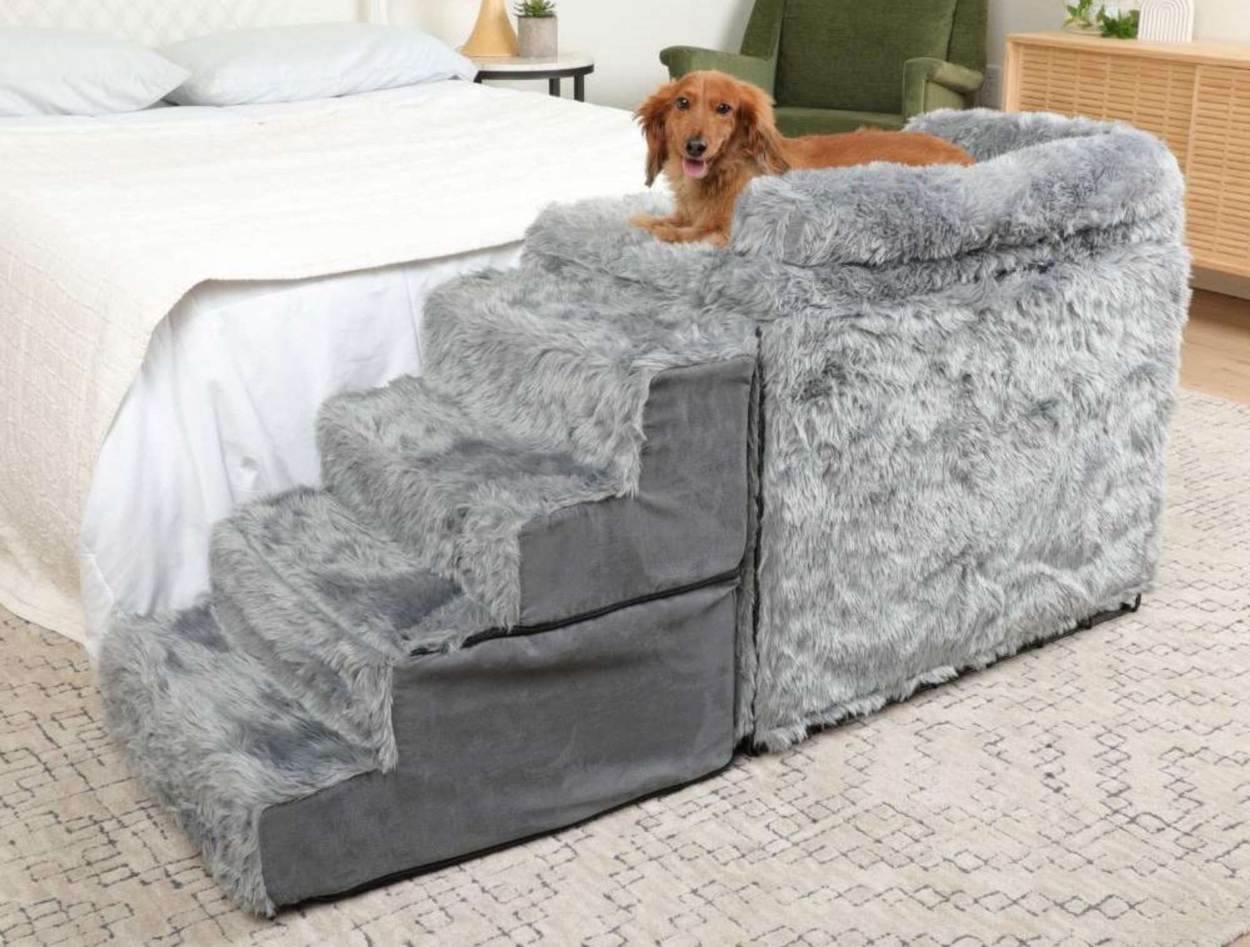 Small brown dog relaxes on soft gray steps beside a bed, showing how to build dog steps for high beds for safe, easy access