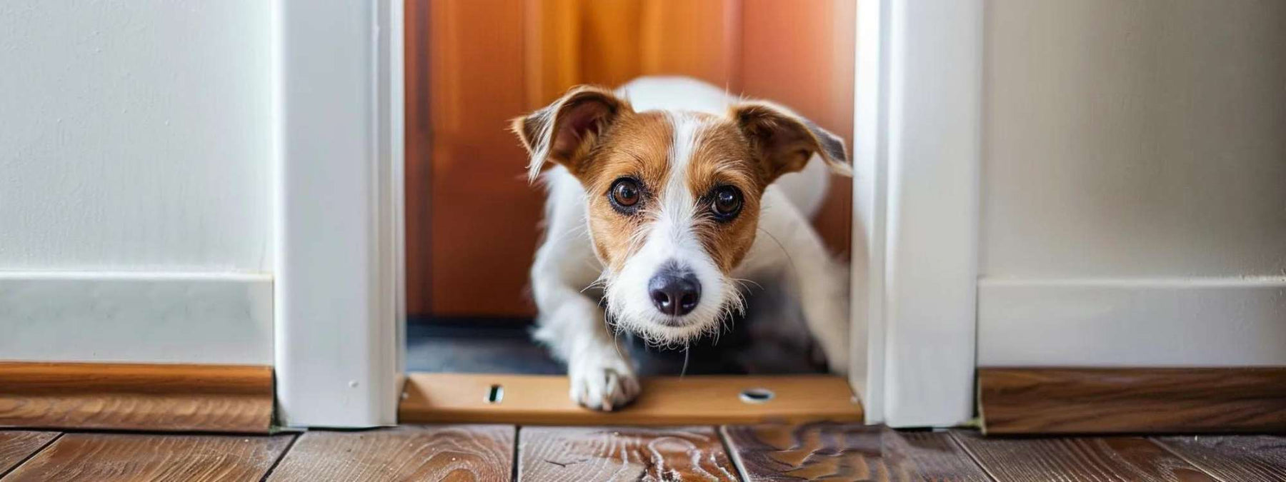 Small dog peeks through an indoor pet door, highlighting a common scenario for how to secure dog door access at home