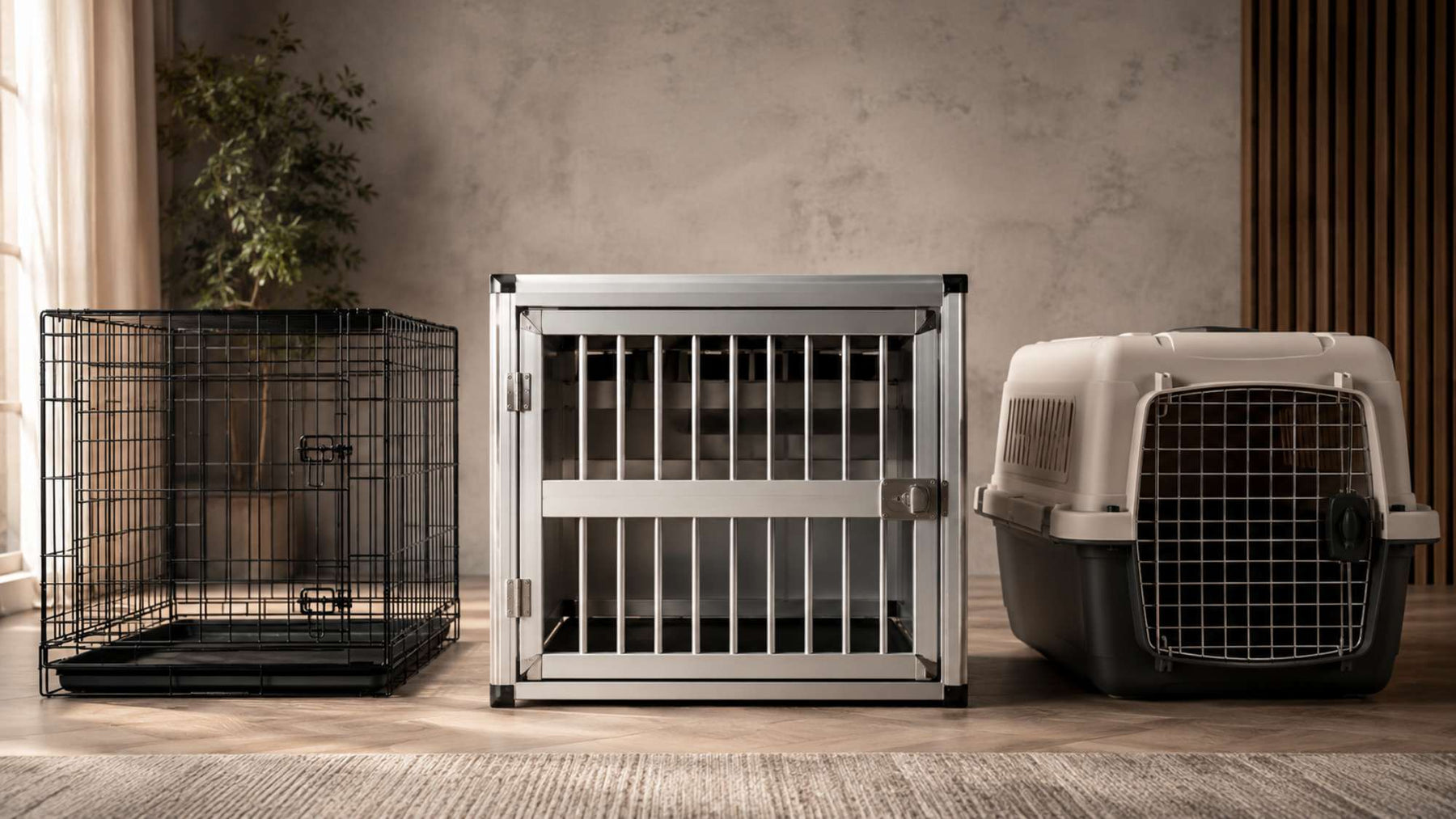 Steel wire crate, aluminum dog crate, and plastic travel kennel displayed side by side in a modern indoor setting